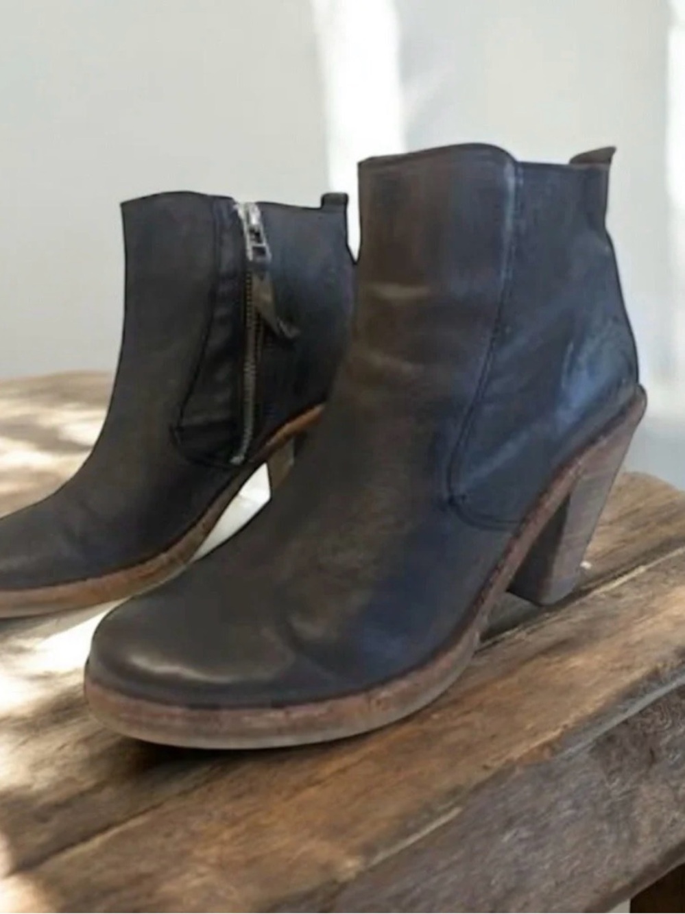 AllSaints Distressed Black Leather Heeled Booties With 3” Block Heel 37